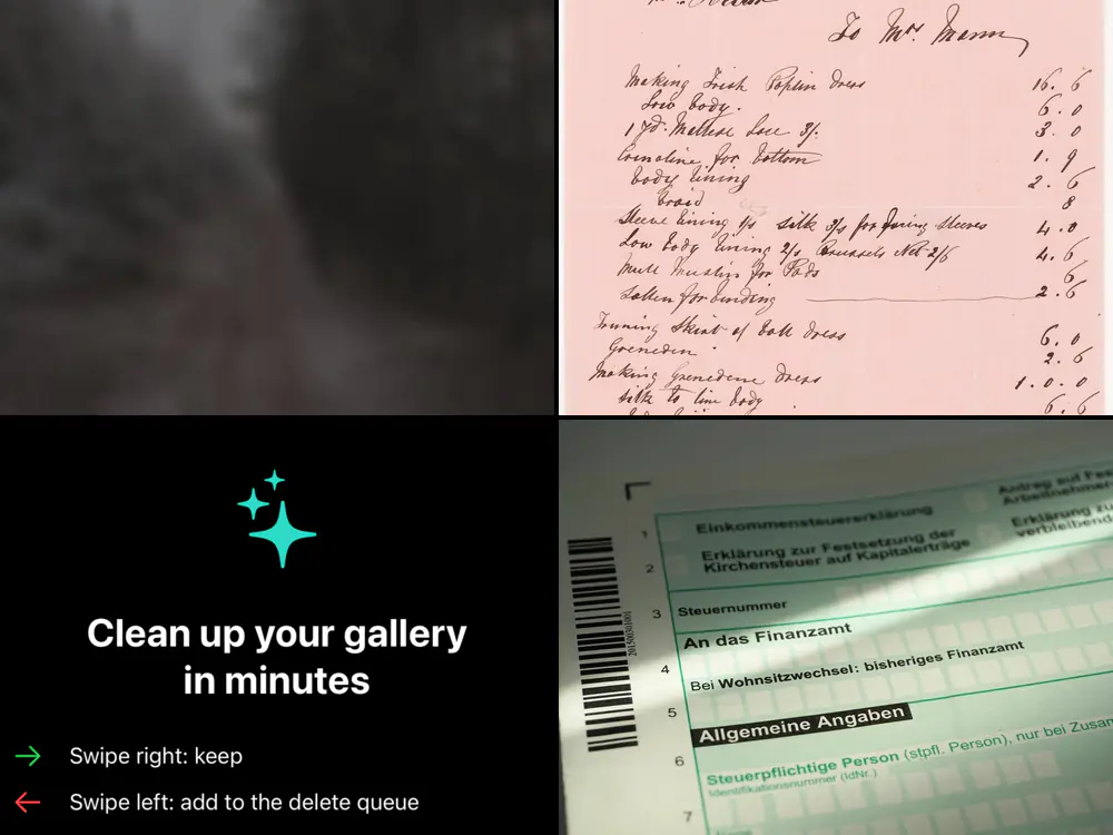 Sample photos: a blurry forest, a handwritten invoice, a screenshot and a store receipt.