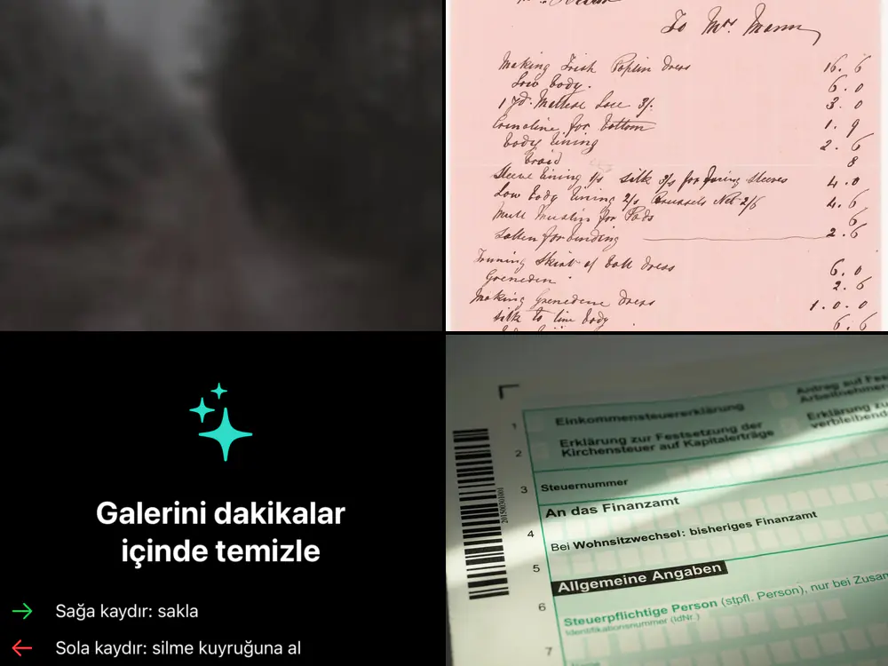 Örnek kareler: bulanık bir orman, el yazısı bir fatura, bir ekran görüntüsü ve bir kasa fişi.
