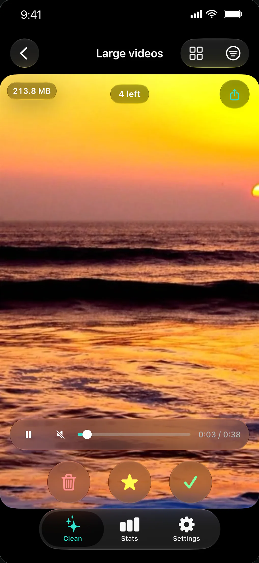Large videos deck: a sunset video with delete, favorite and keep buttons.