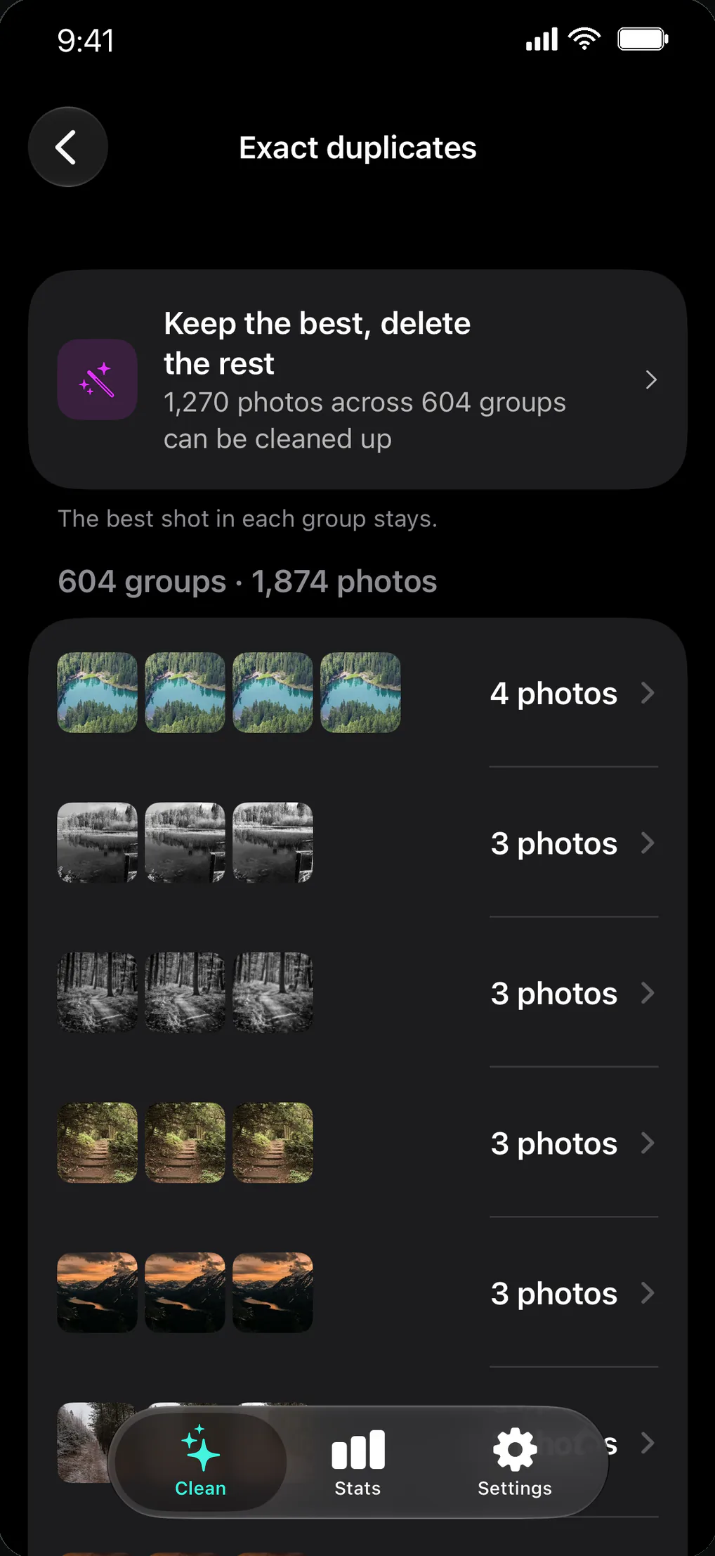 Exact duplicates: “Keep the best, delete the rest”, 1,270 photos across 604 groups.