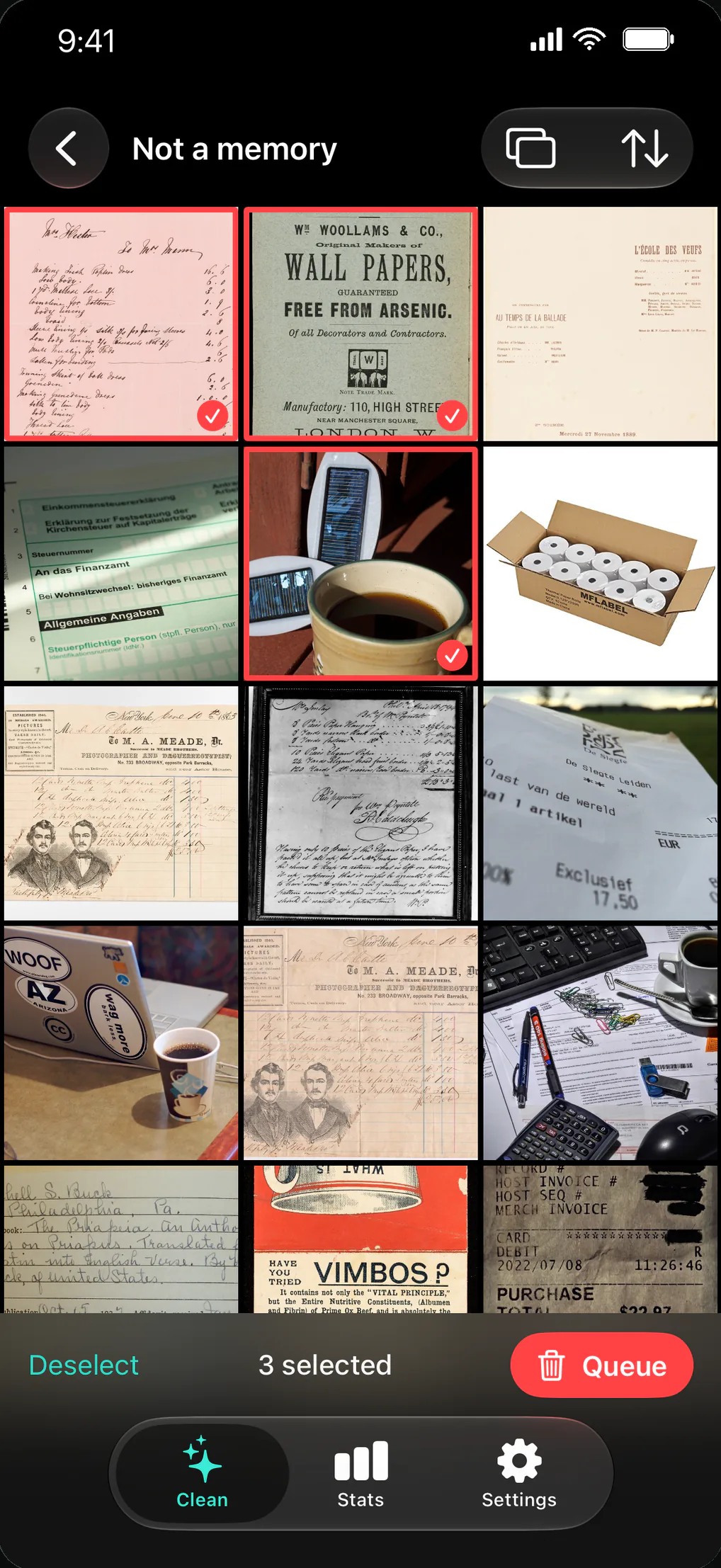 Not a memory group in grid view: receipts and documents, three selected, “Queue” button.