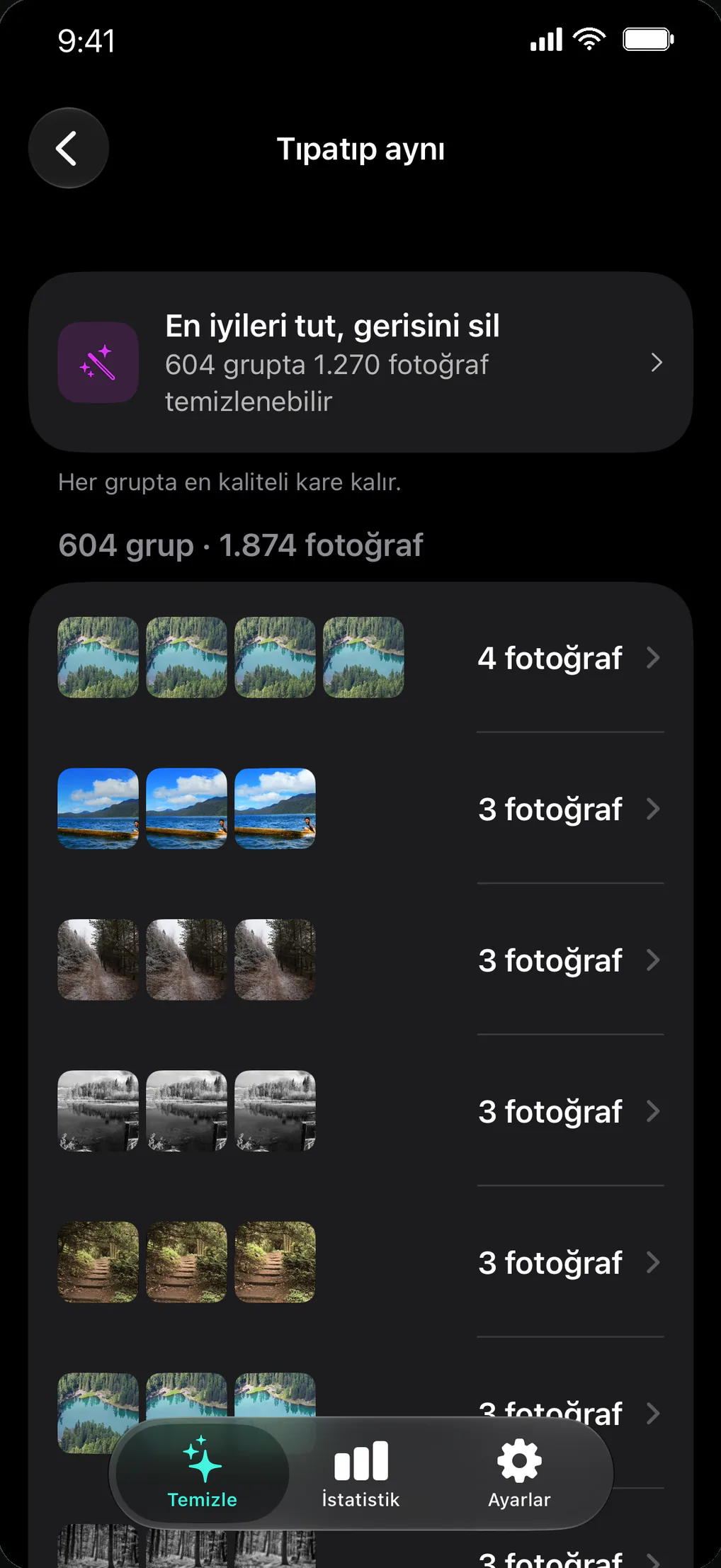 Tıpatıp aynı grubu: “En iyileri tut, gerisini sil”, 604 grupta 1.270 fotoğraf.