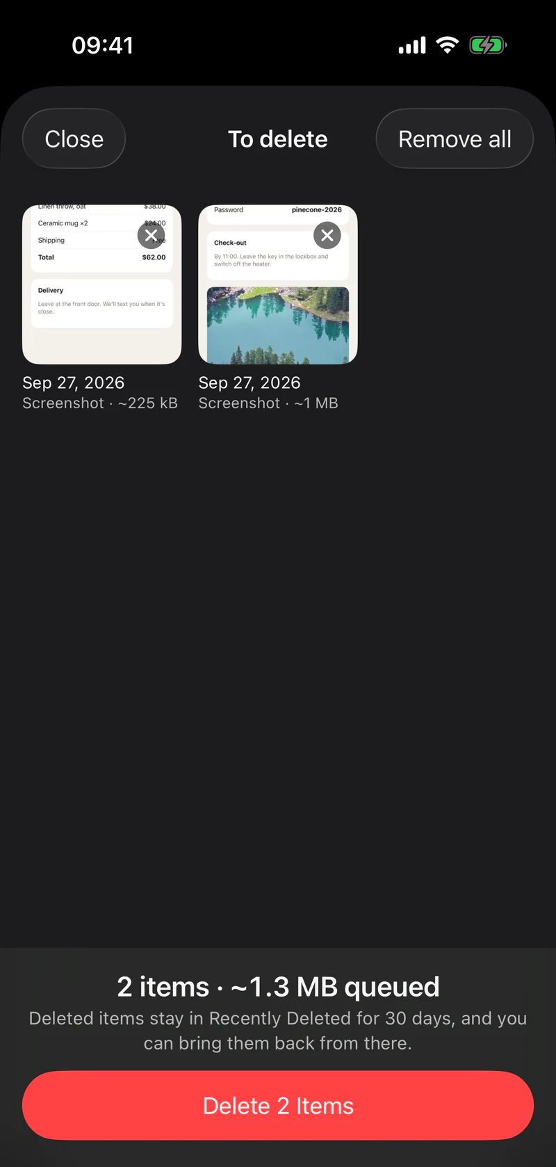 To delete page: two screenshots, “2 items · ~1.3 MB queued”, the 30-day Recently Deleted note and the “Delete 2 Items” button.