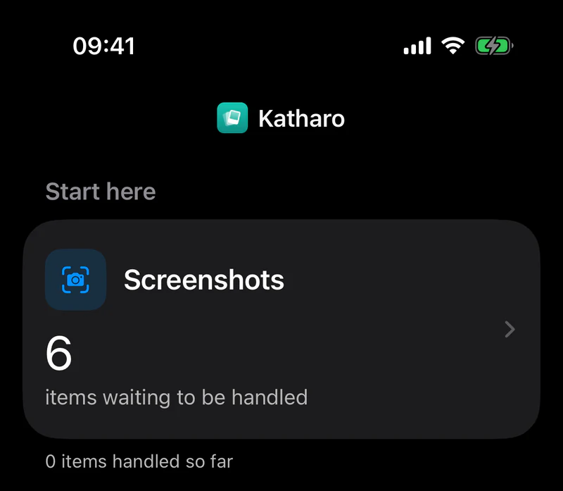 Home screen: under “Start here”, the Screenshots card with 6 items waiting to be handled.