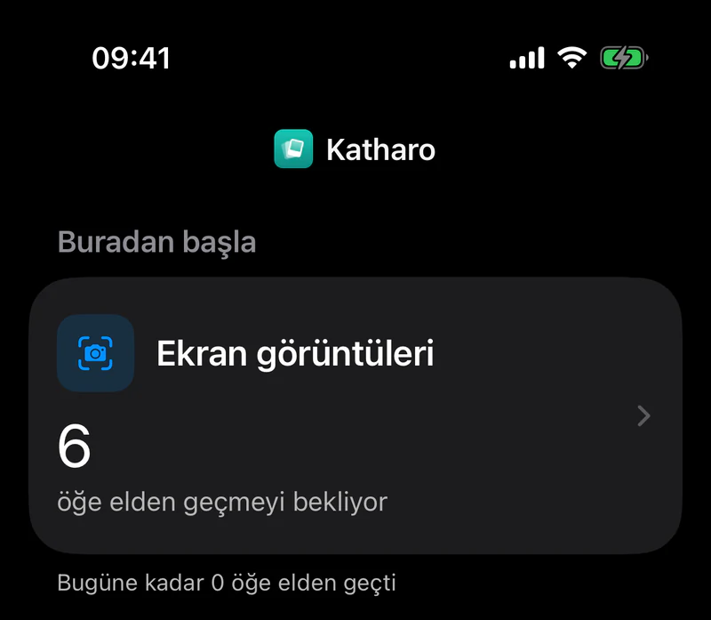 Ana ekran: “Buradan başla” altında Ekran görüntüleri kartı, 6 öğe elden geçmeyi bekliyor.